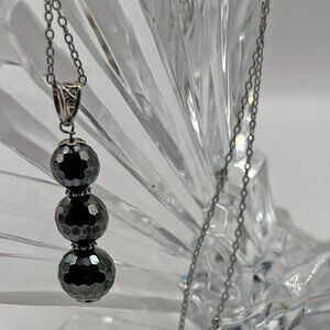 BLACK MOISSANITE 3-Bead Faceted Dangle Pendant. 22" Sterling Silver Chain